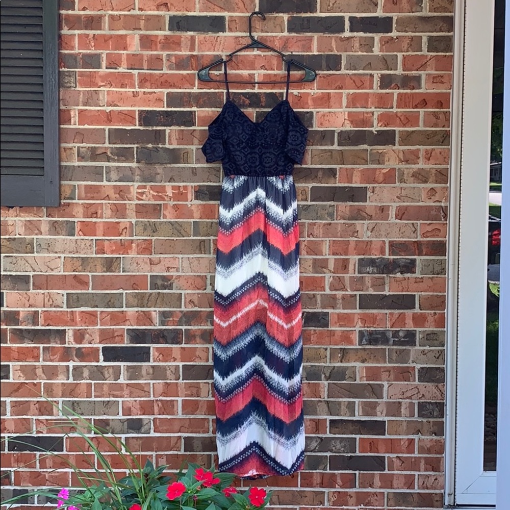 Long casual dress: Navy lace and patterned bottom